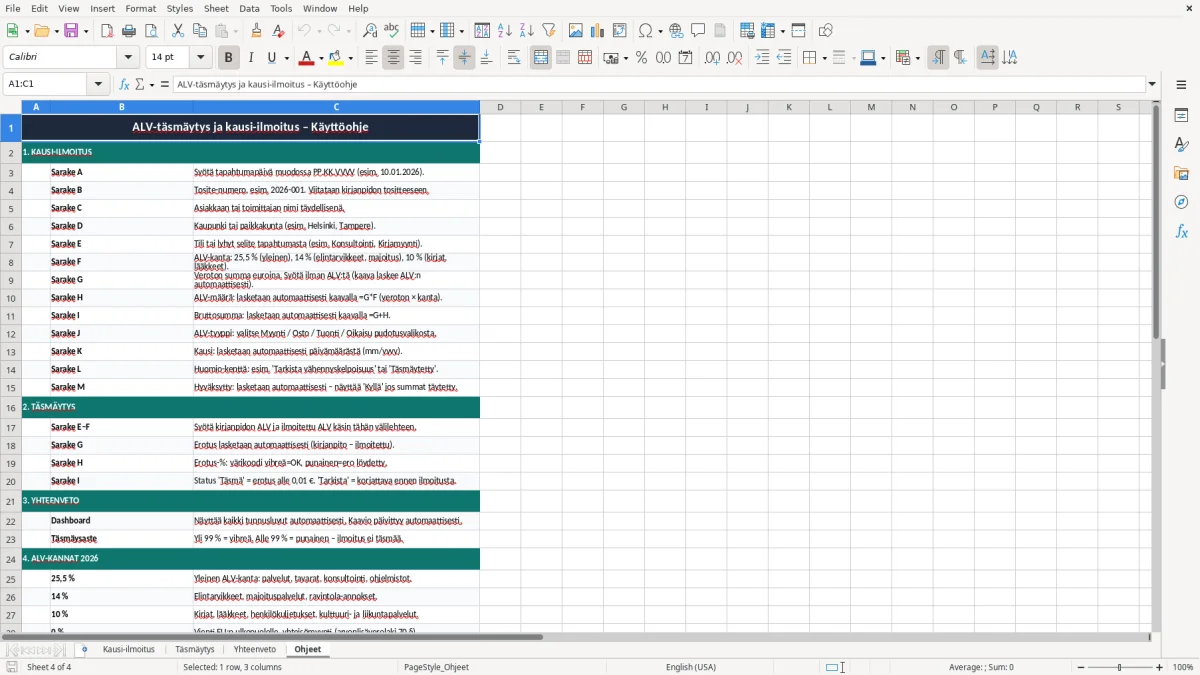 Kuvakaappaus 4: välilehti Ohjeet - Excel-pohja alv täsmäytys kausi-ilmoitus excel pohja