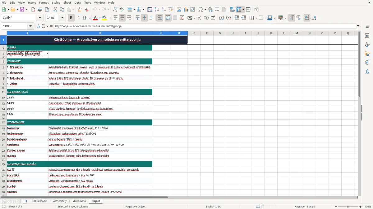 Kuvakaappaus 4: välilehti Ohjeet - Excel-pohja arvonlisäveroilmoituksen erittely excel pohja