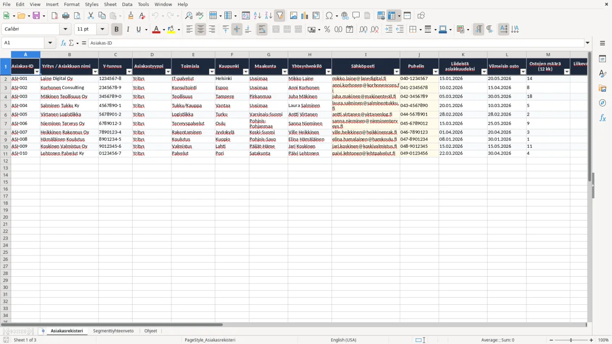 Kuvakaappaus 1: välilehti Asiakasrekisteri - Excel-pohja asiakasrekisterin segmentointi excel pohja