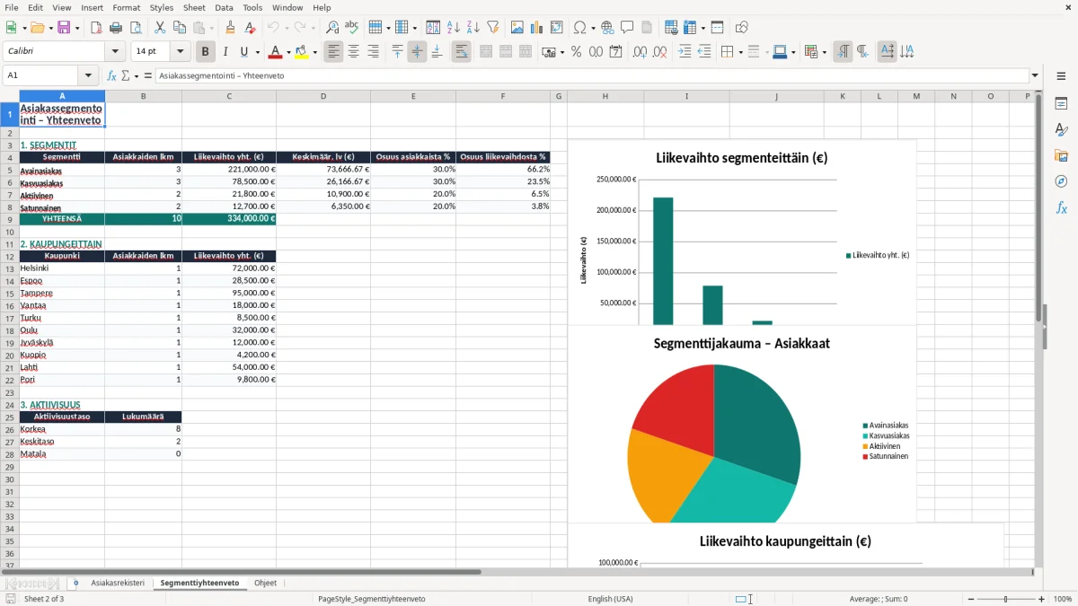 Kuvakaappaus 2: välilehti Segmenttiyhteenveto - Excel-pohja asiakasrekisterin segmentointi excel pohja