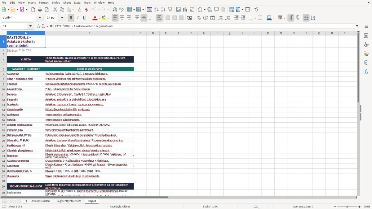Kuvakaappaus 3: välilehti Ohjeet - Excel-pohja asiakasrekisterin segmentointi excel pohja