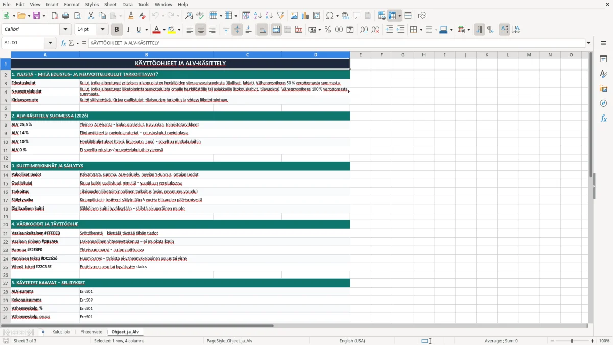 Kuvakaappaus 3: välilehti Ohjeet_ja_Alv - Excel-pohja edustus- ja neuvottelukulut excel pohja