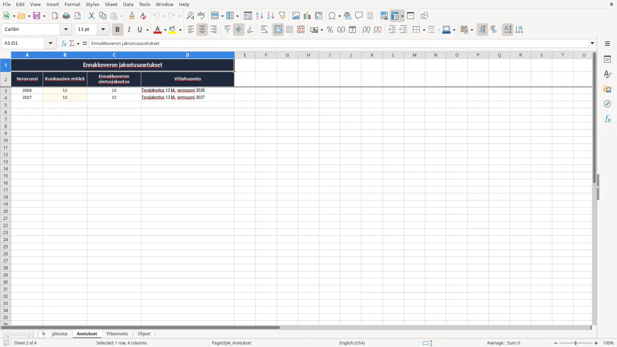 Kuvakaappaus 2: välilehti Asetukset - Excel-pohja ennakkoveron jaksotus excel pohja