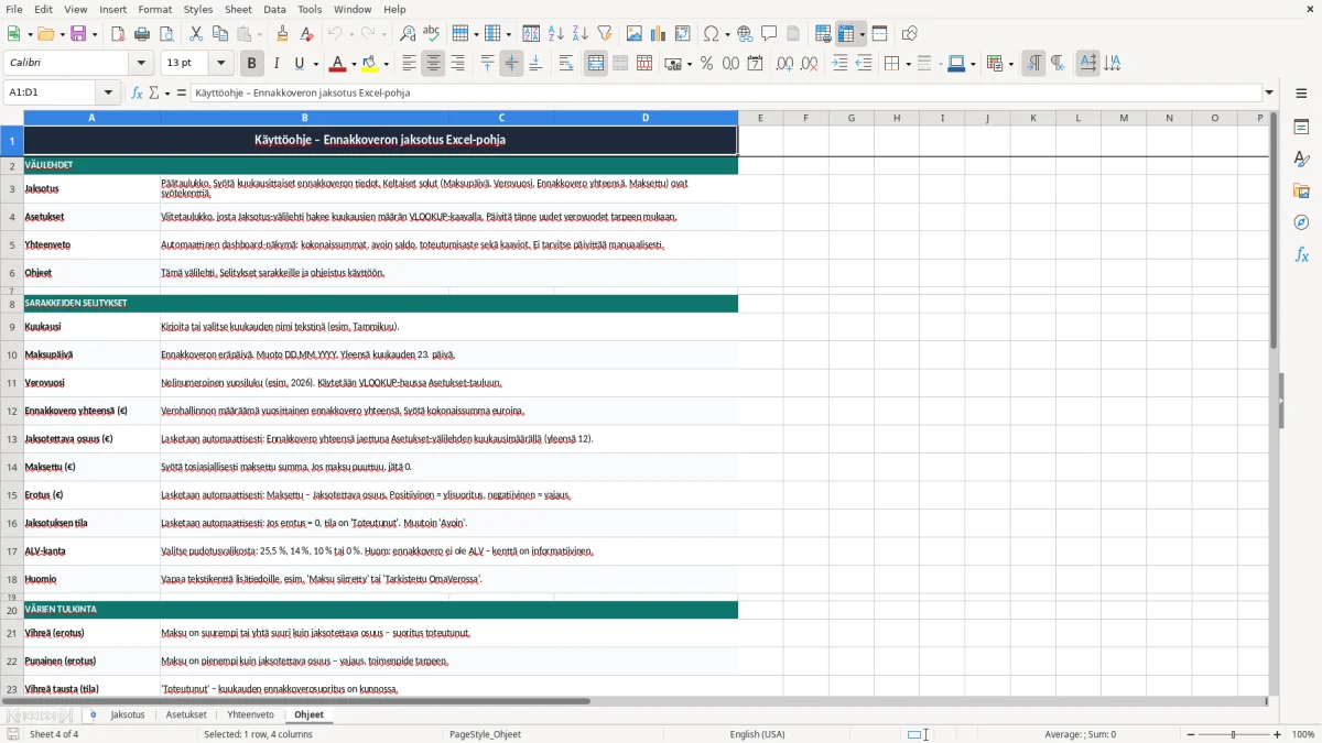 Kuvakaappaus 4: välilehti Ohjeet - Excel-pohja ennakkoveron jaksotus excel pohja