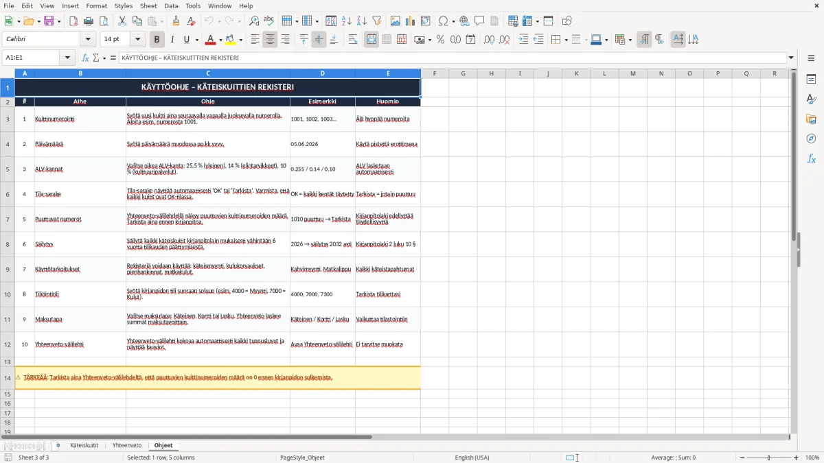Kuvakaappaus 3: välilehti Ohjeet - Excel-pohja käteiskuitin numerointi excel pohja