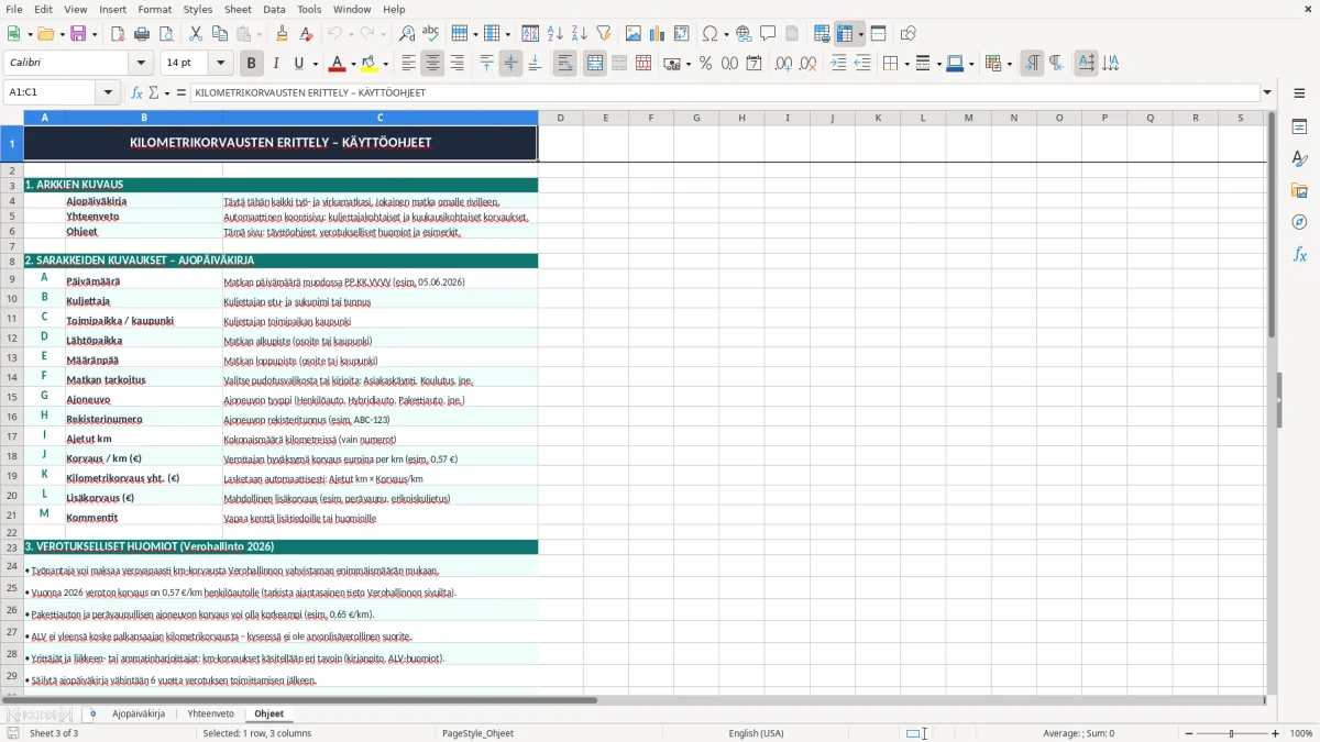 Kuvakaappaus 3: välilehti Ohjeet - Excel-pohja kilometrikorvausten erittely excel pohja