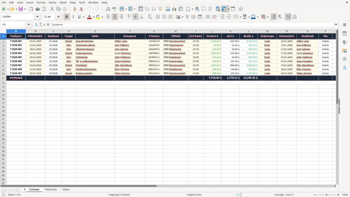 Kuvakaappaus 1: välilehti Tositteet - Excel-pohja kirjanpidon tositelista excel pohja