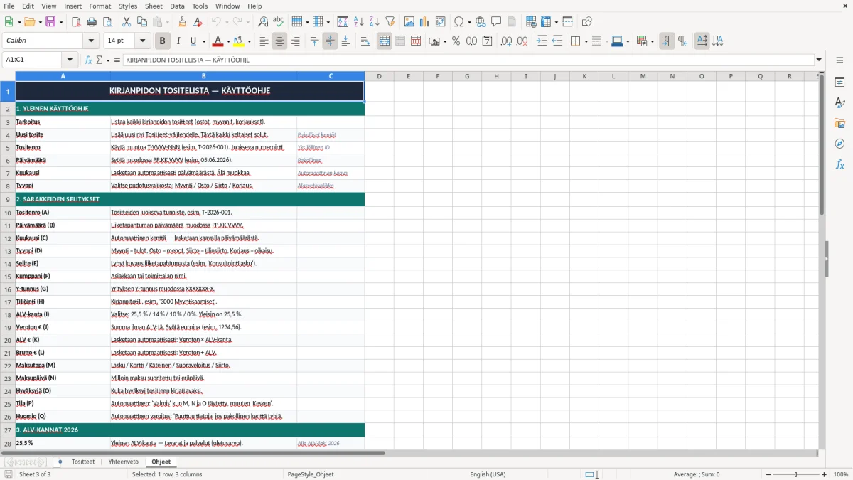 Kuvakaappaus 3: välilehti Ohjeet - Excel-pohja kirjanpidon tositelista excel pohja