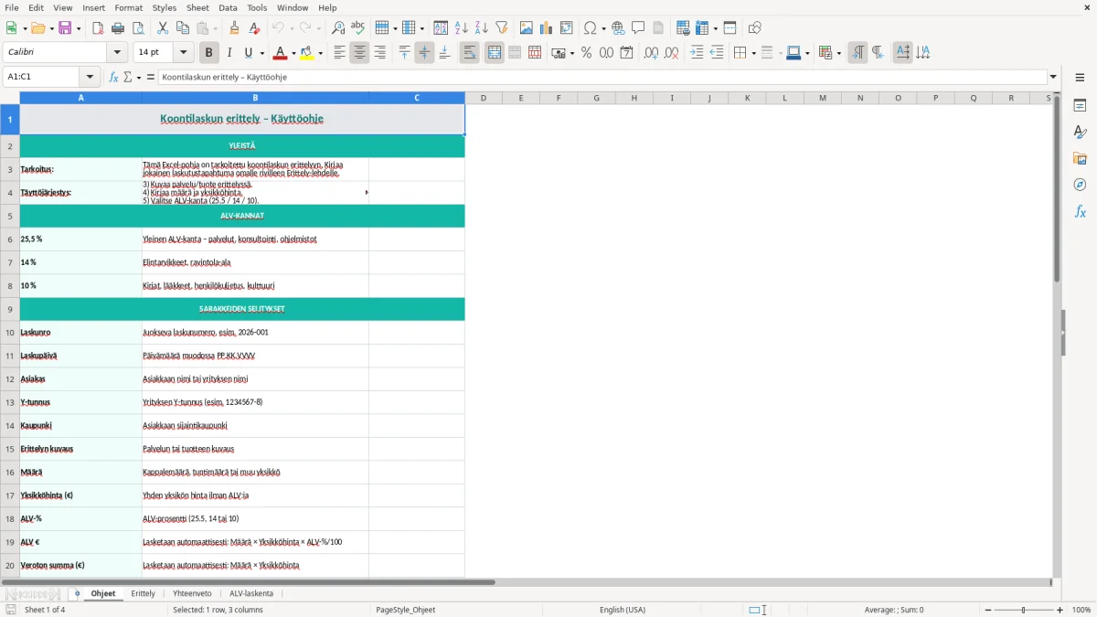 Kuvakaappaus 1: välilehti Ohjeet - Excel-pohja koontilaskun erittely excel pohja