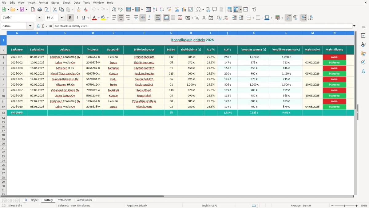 Kuvakaappaus 2: välilehti Erittely - Excel-pohja koontilaskun erittely excel pohja
