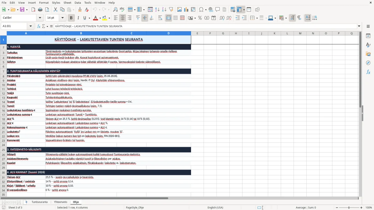 Kuvakaappaus 3: välilehti Ohje - Excel-pohja laskutettavien tuntien seuranta excel pohja
