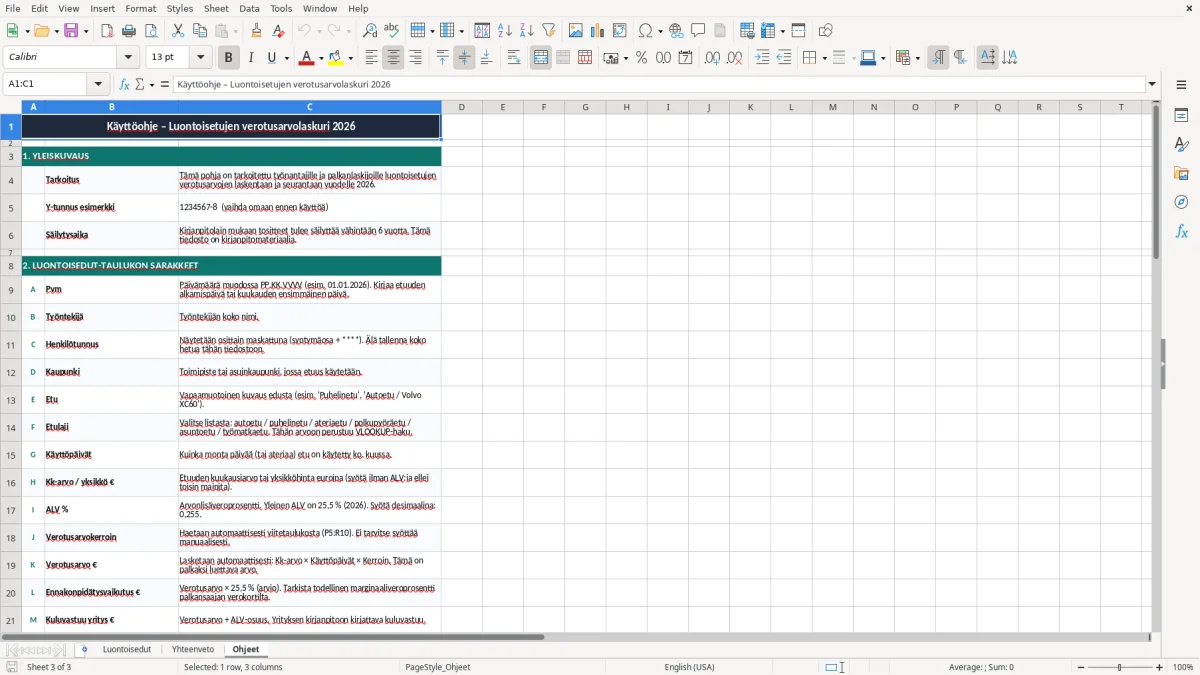 Kuvakaappaus 3: välilehti Ohjeet - Excel-pohja luontoisetujen verotusarvo excel pohja