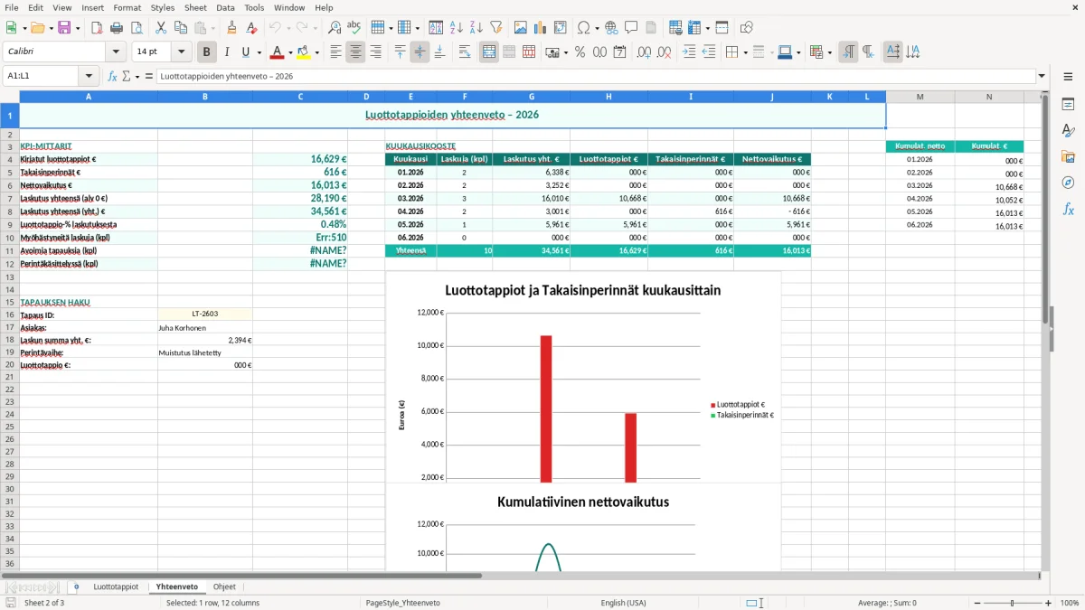 Kuvakaappaus 2: välilehti Yhteenveto - Excel-pohja luottotappioiden seuranta excel pohja