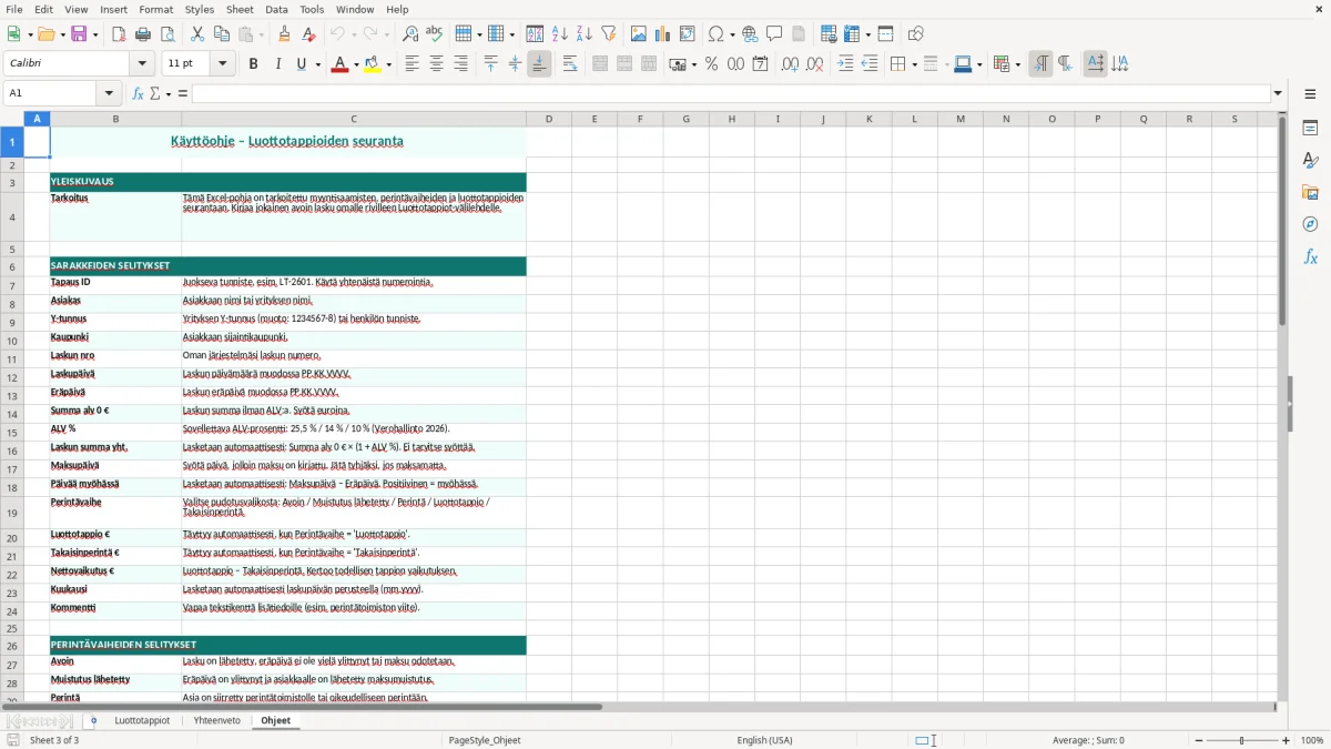Kuvakaappaus 3: välilehti Ohjeet - Excel-pohja luottotappioiden seuranta excel pohja