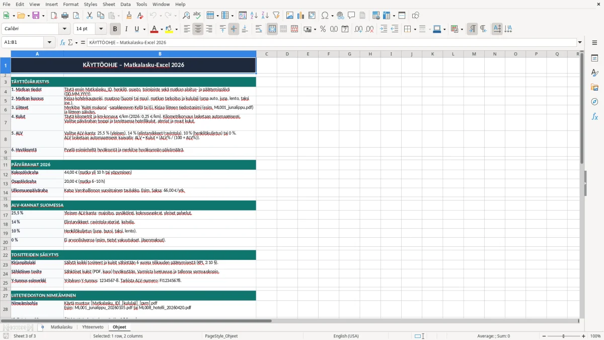 Kuvakaappaus 3: välilehti Ohjeet - Excel-pohja matkalaskun liitteineen excel pohja