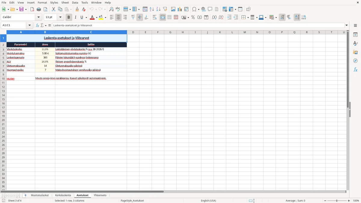 Kuvakaappaus 3: välilehti Asetukset - Excel-pohja muistutuslaskun korkoerittely excel pohja