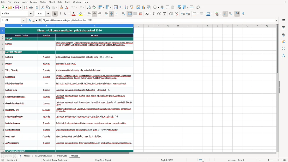 Kuvakaappaus 4: välilehti Ohjeet - Excel-pohja päivärahojen laskenta ulkomaanmatka excel pohja