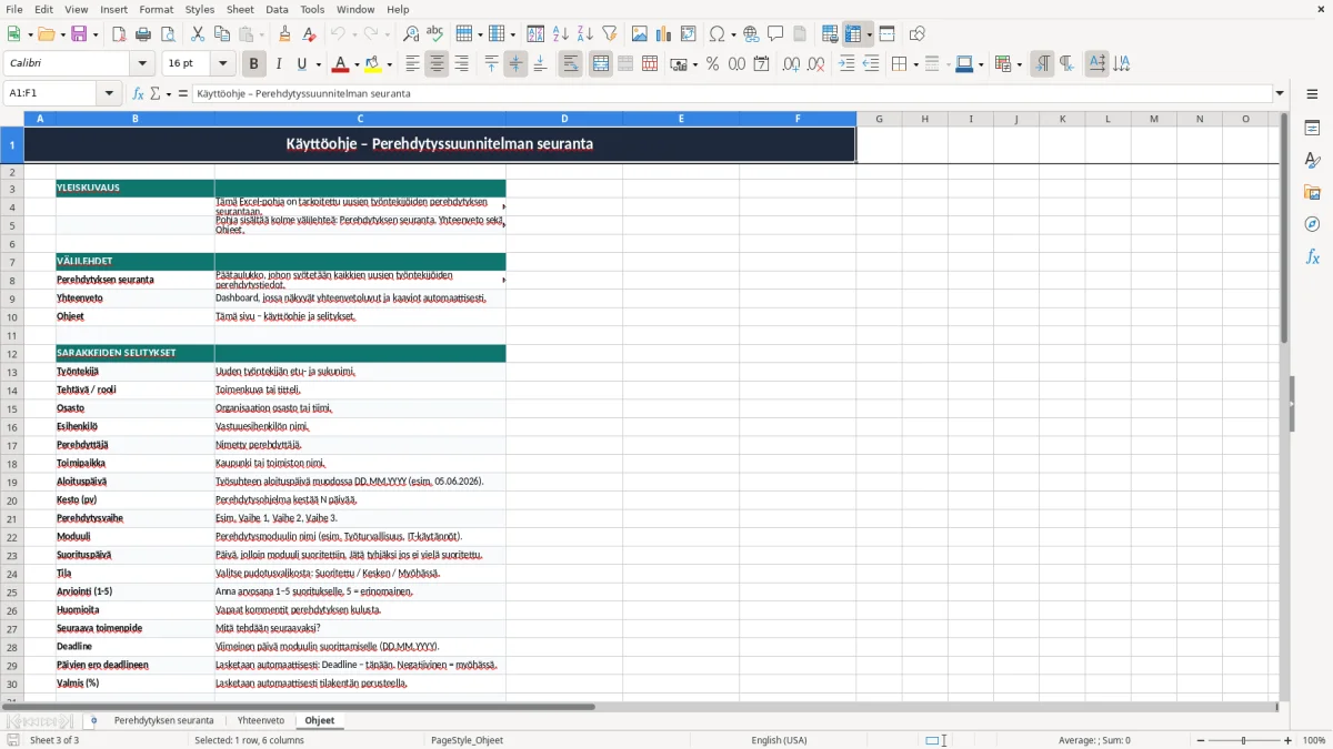 Kuvakaappaus 3: välilehti Ohjeet - Excel-pohja perehdytyssuunnitelman seuranta excel pohja