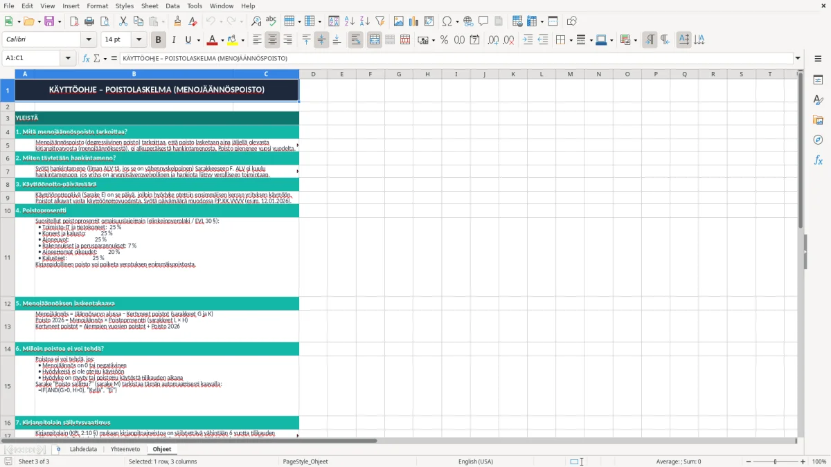 Kuvakaappaus 3: välilehti Ohjeet - Excel-pohja poistolaskelma menojäännöspoisto excel pohja