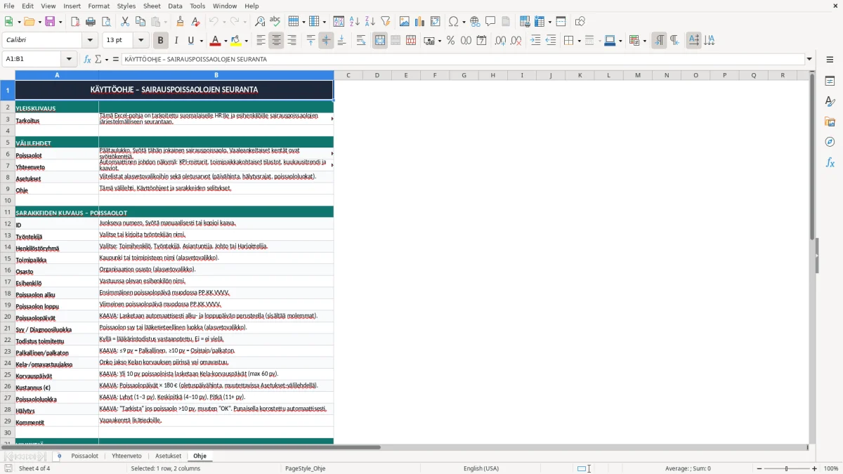 Kuvakaappaus 4: välilehti Ohje - Excel-pohja sairauspoissaolojen seuranta excel pohja