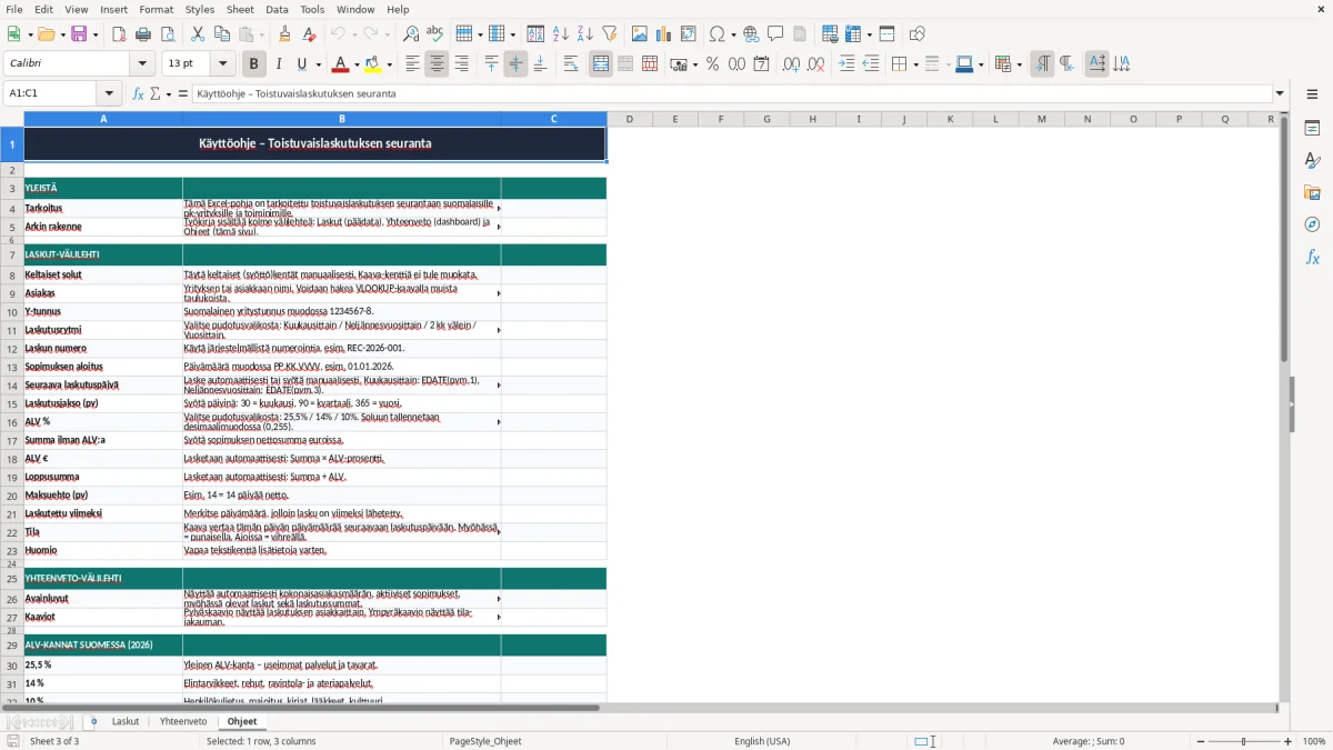 Kuvakaappaus 3: välilehti Ohjeet - Excel-pohja toistuvaislaskutuksen seuranta excel pohja