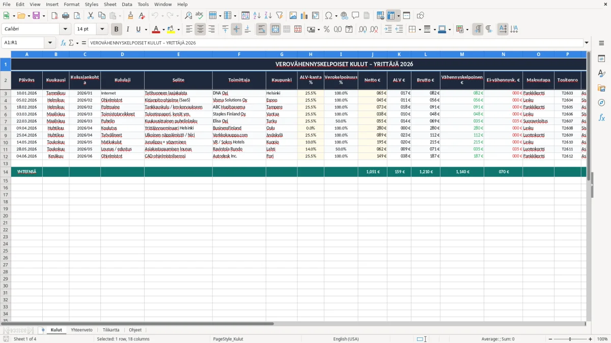 Kuvakaappaus 1: välilehti Kulut - Excel-pohja verovähennyskelpoiset kulut yrittäjä excel pohja
