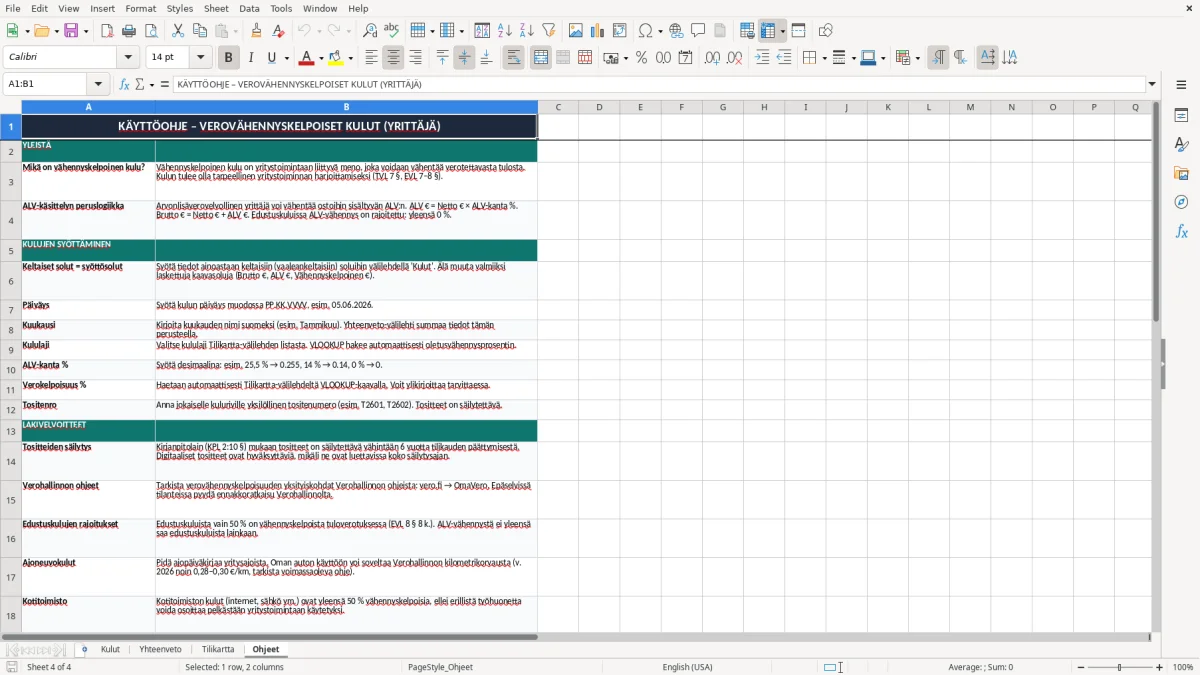 Kuvakaappaus 4: välilehti Ohjeet - Excel-pohja verovähennyskelpoiset kulut yrittäjä excel pohja