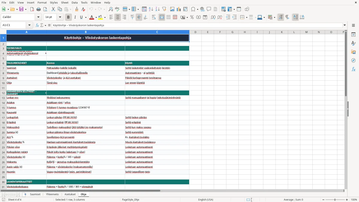 Kuvakaappaus 4: välilehti Ohje - Excel-pohja viivästyskoron laskenta erääntyneet excel pohja
