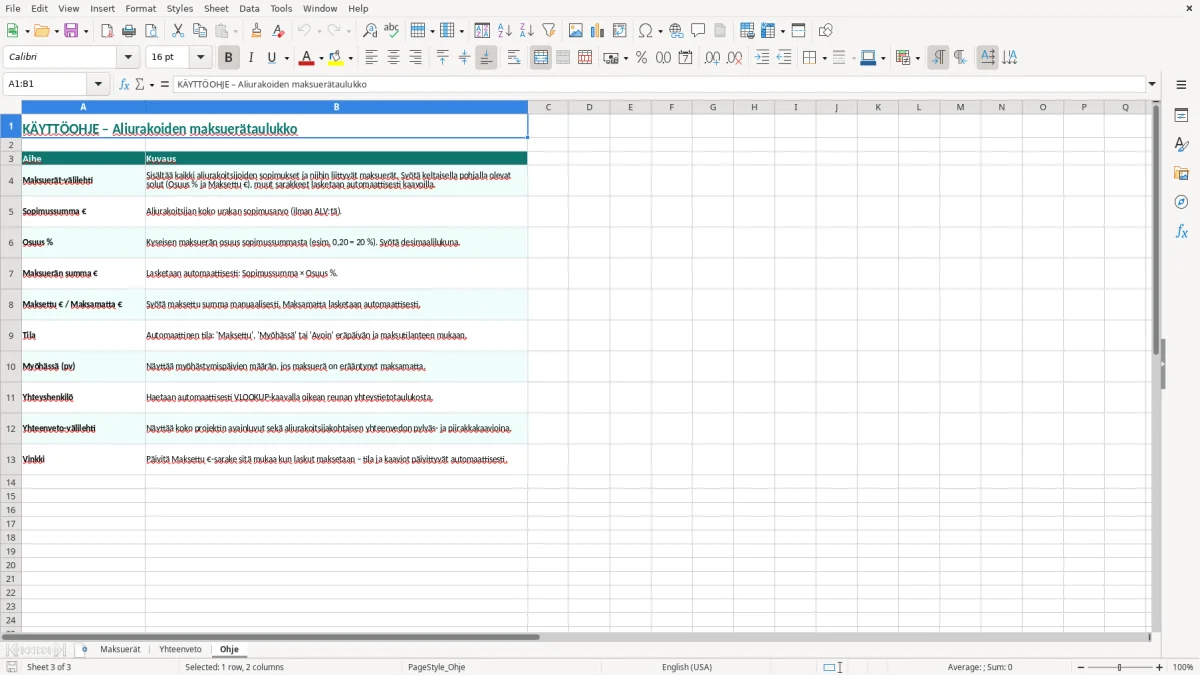 Kuvakaappaus 3: välilehti Ohje - Excel-pohja aliurakoiden maksuerätaulukko excel pohja