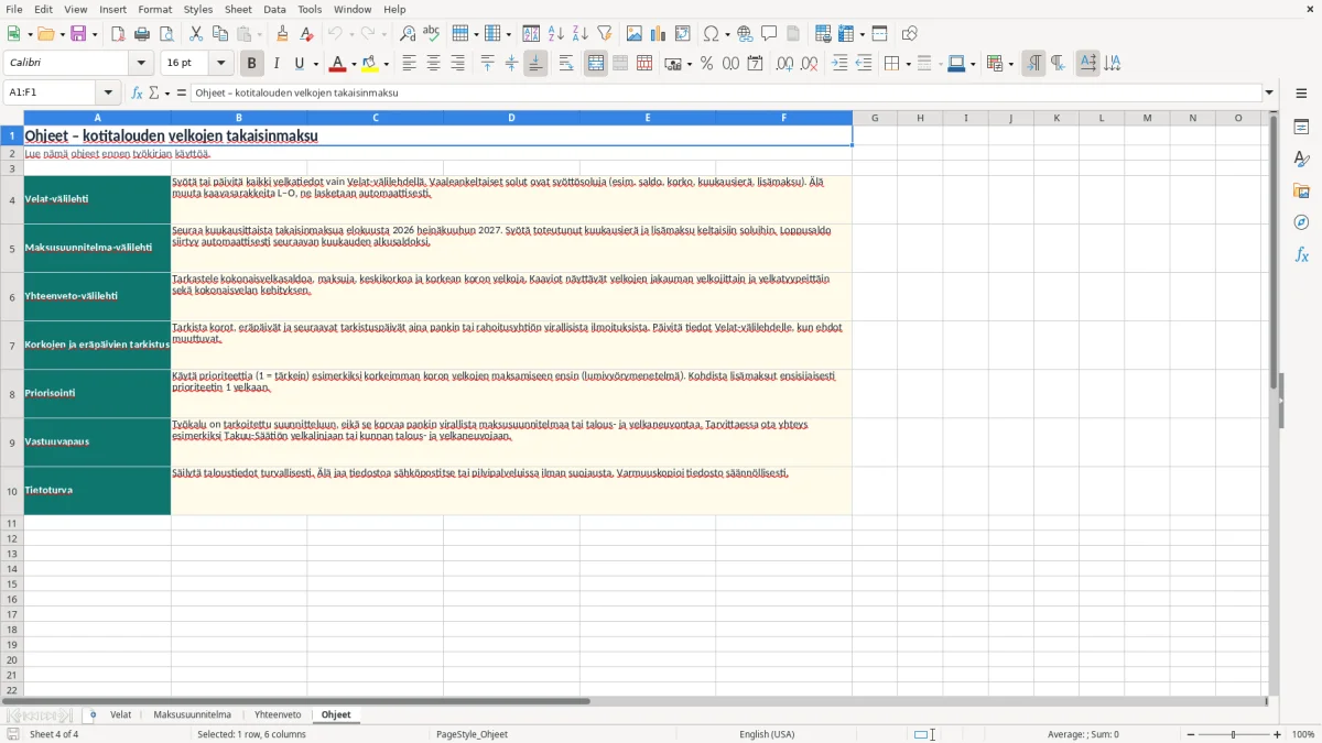 Kuvakaappaus 4: välilehti Ohjeet - Excel-pohja kotitalouden velkojen takaisinmaksu excel pohja