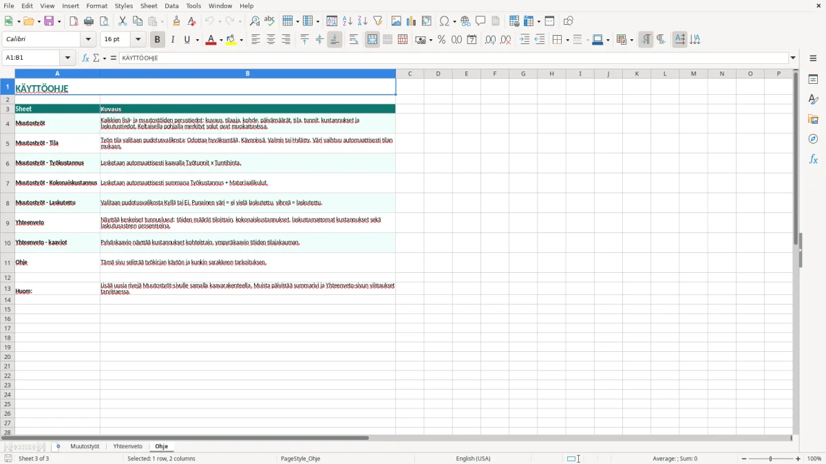 Kuvakaappaus 3: välilehti Ohje - Excel-pohja lisä- ja muutostöiden seuranta excel pohja
