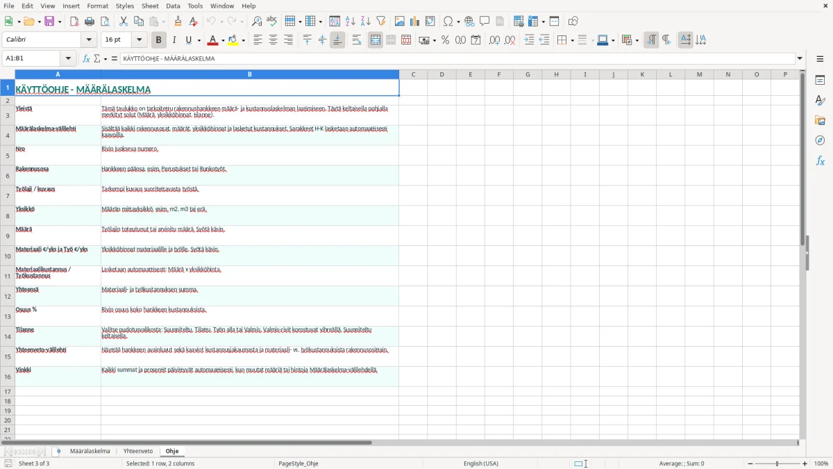Kuvakaappaus 3: välilehti Ohje - Excel-pohja määrälaskelma rakennushanke excel pohja