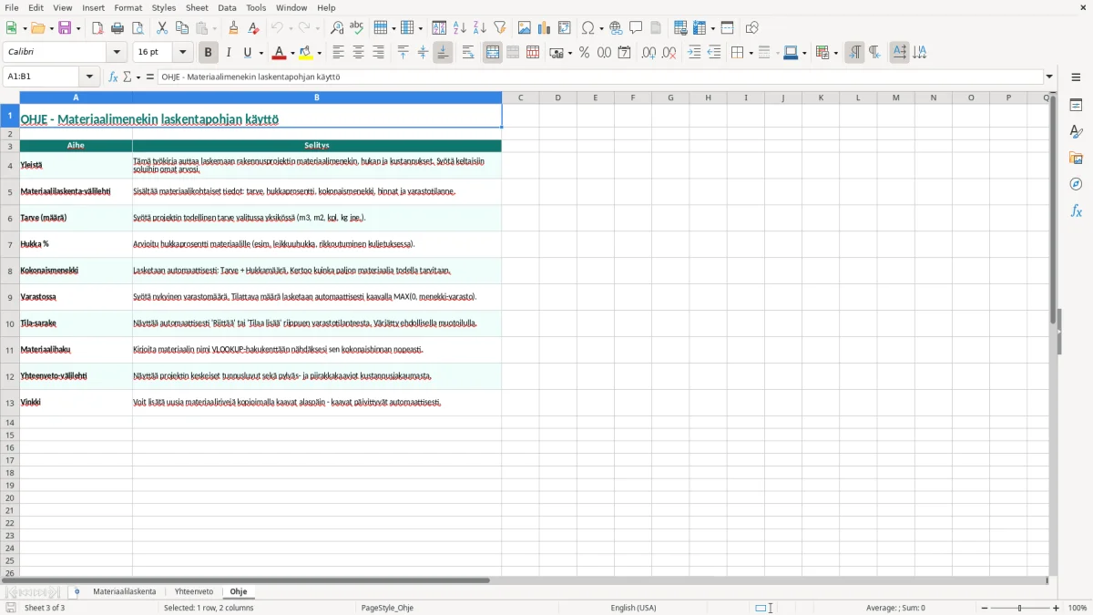 Kuvakaappaus 3: välilehti Ohje - Excel-pohja materiaalimenekin laskenta excel pohja
