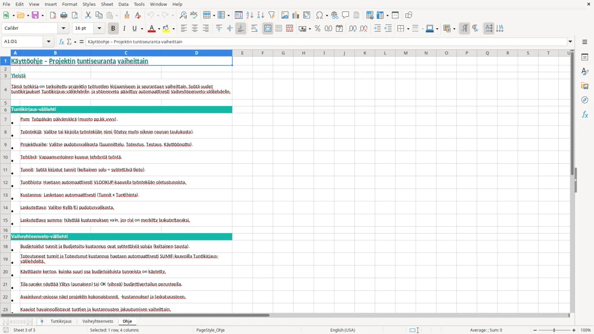 Kuvakaappaus 3: välilehti Ohje - Excel-pohja projektin tuntiseuranta vaiheittain excel pohja