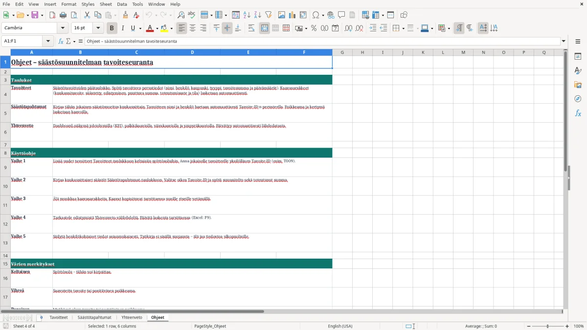 Kuvakaappaus 4: välilehti Ohjeet - Excel-pohja säästösuunnitelman tavoiteseuranta excel pohja