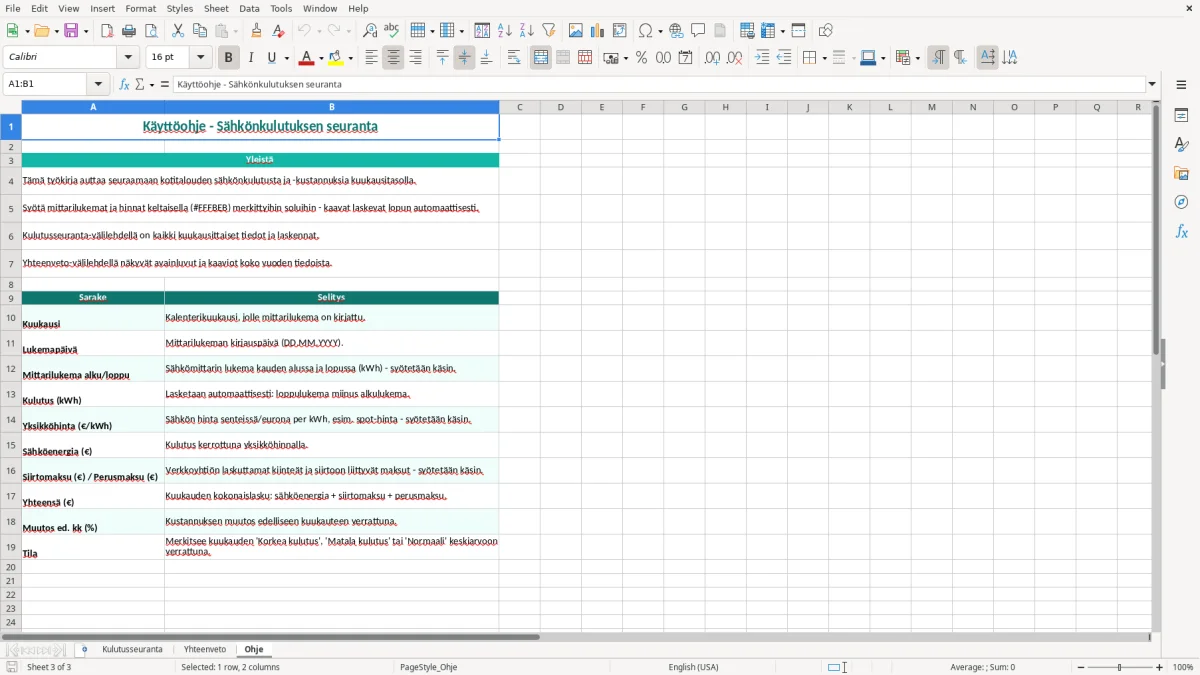 Kuvakaappaus 3: välilehti Ohje - Excel-pohja sähkönkulutuksen seuranta excel pohja