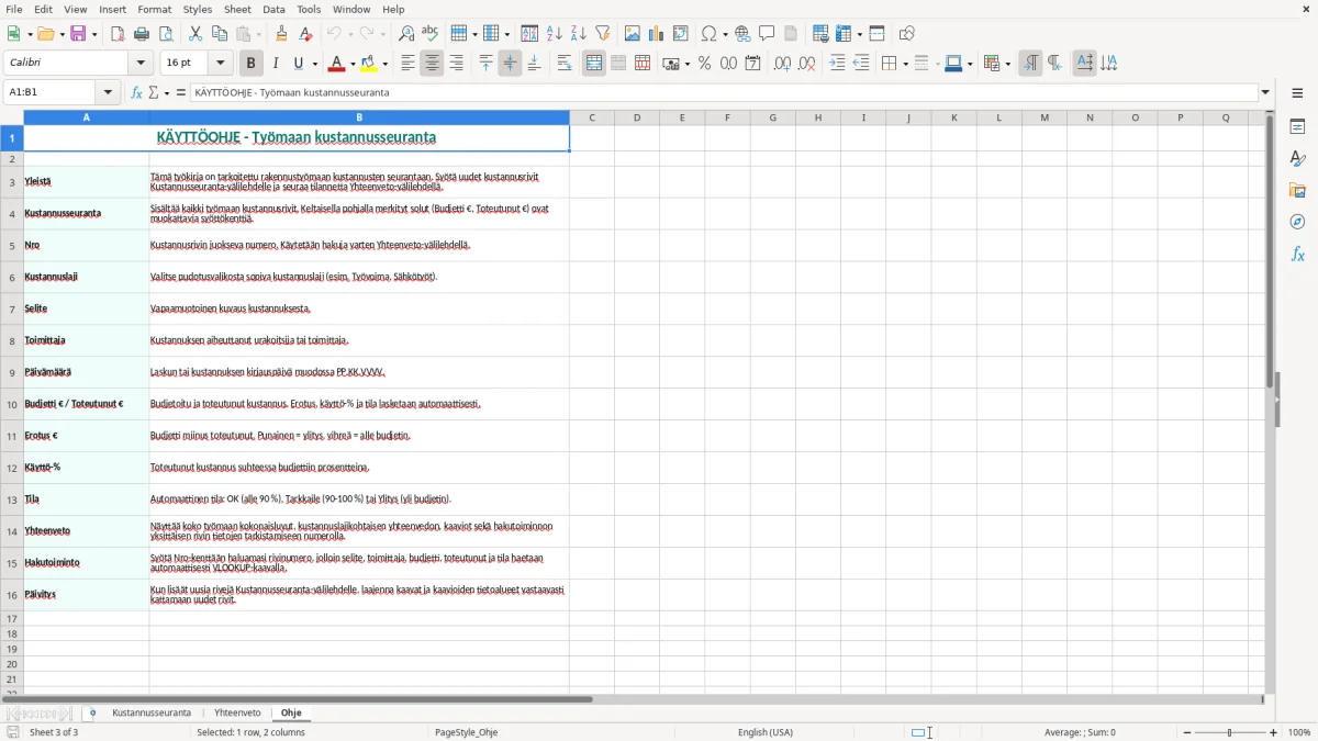 Kuvakaappaus 3: välilehti Ohje - Excel-pohja työmaan kustannusseuranta excel pohja