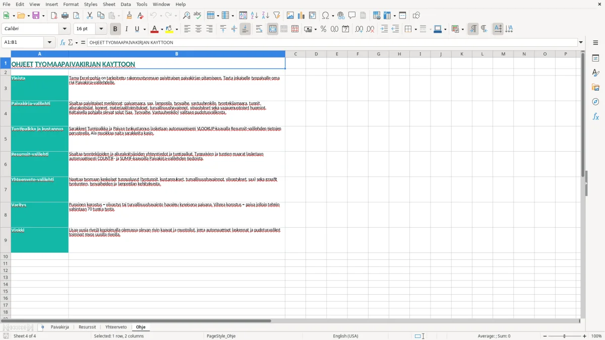 Kuvakaappaus 4: välilehti Ohje - Excel-pohja työmaapäiväkirjan ylläpito excel pohja
