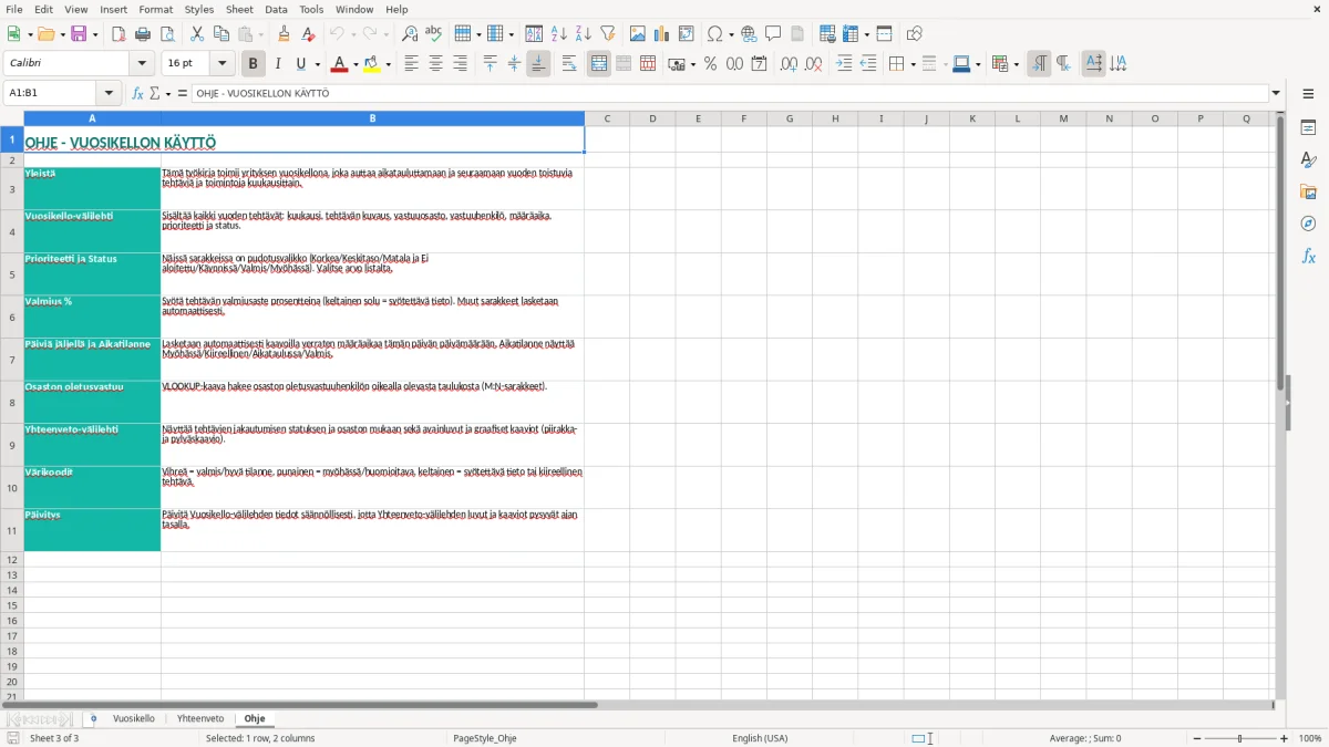 Kuvakaappaus 3: välilehti Ohje - Excel-pohja vuosikellon aikataulutus excel pohja
