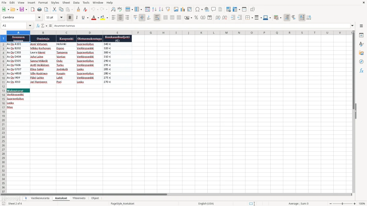 Kuvakaappaus 2: välilehti Asetukset - Excel-pohja asunnon vastikeseuranta excel pohja