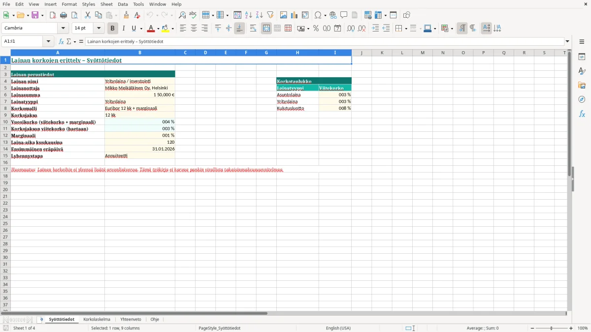 Kuvakaappaus 1: välilehti Syöttötiedot - Excel-pohja lainan korkojen erittely excel pohja