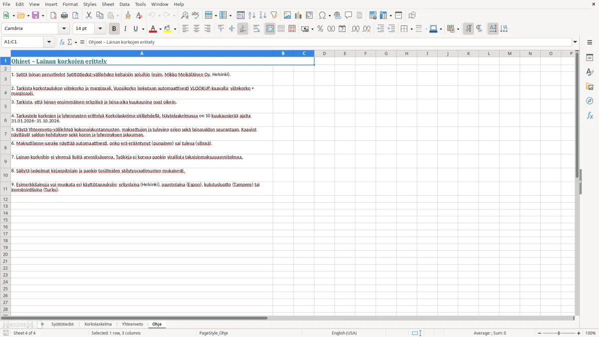 Kuvakaappaus 4: välilehti Ohje - Excel-pohja lainan korkojen erittely excel pohja