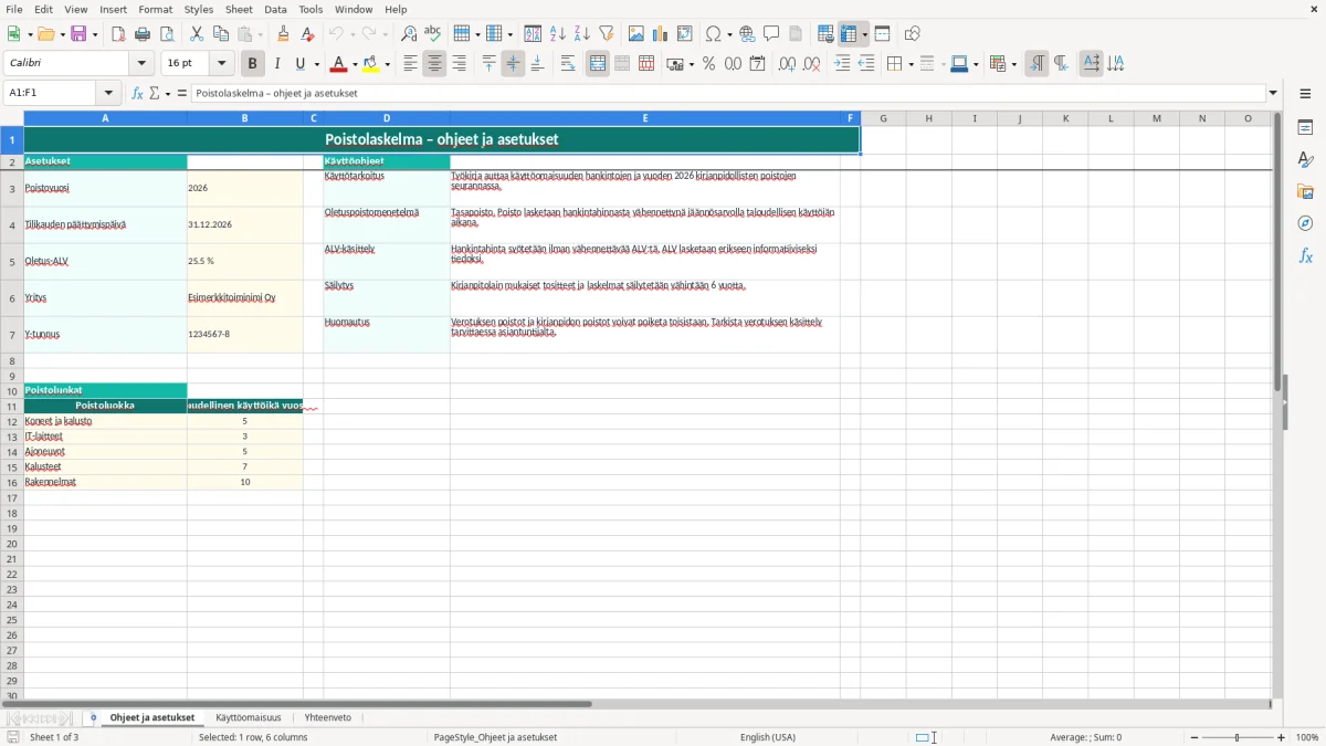 Kuvakaappaus 1: välilehti Ohjeet ja asetukset - Excel-pohja poistolaskelma käyttöomaisuus excel pohja