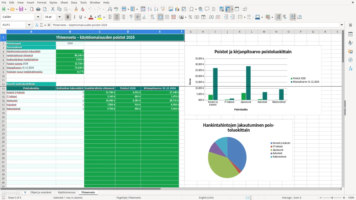 Kuvakaappaus 3: välilehti Yhteenveto - Excel-pohja poistolaskelma käyttöomaisuus excel pohja