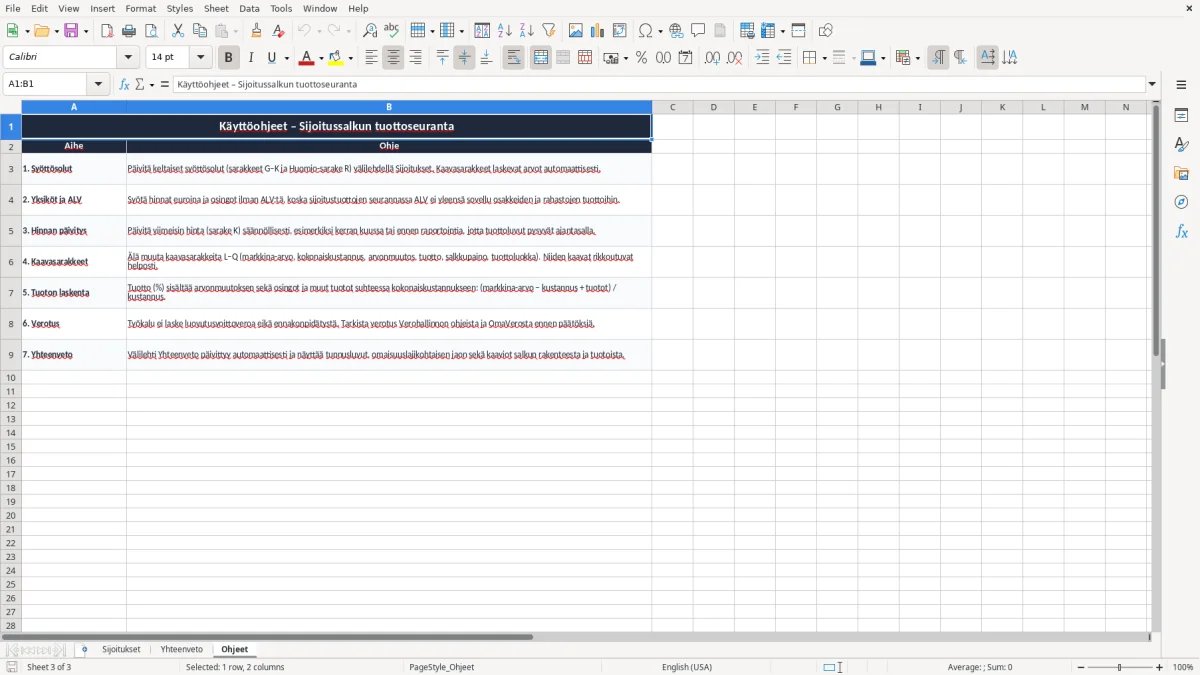 Kuvakaappaus 3: välilehti Ohjeet - Excel-pohja sijoitussalkun tuottoseuranta excel pohja