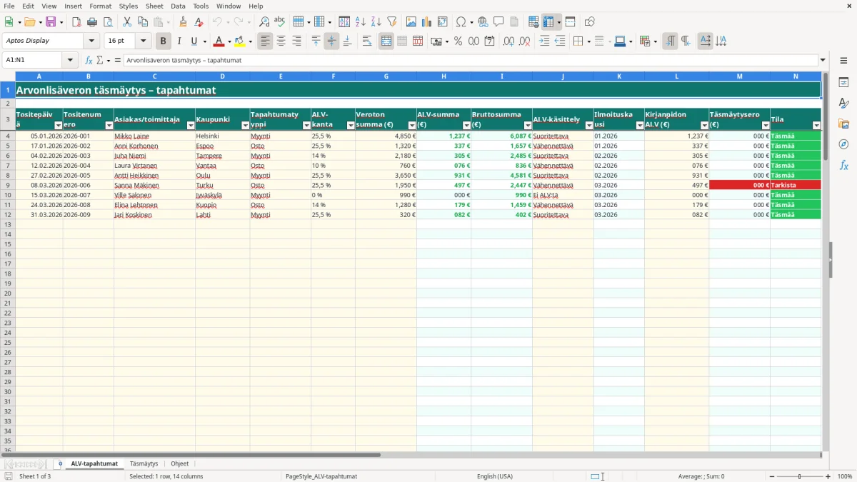 Kuvakaappaus 1: välilehti ALV-tapahtumat - Excel-pohja arvonlisäveron täsmäytys excel pohja