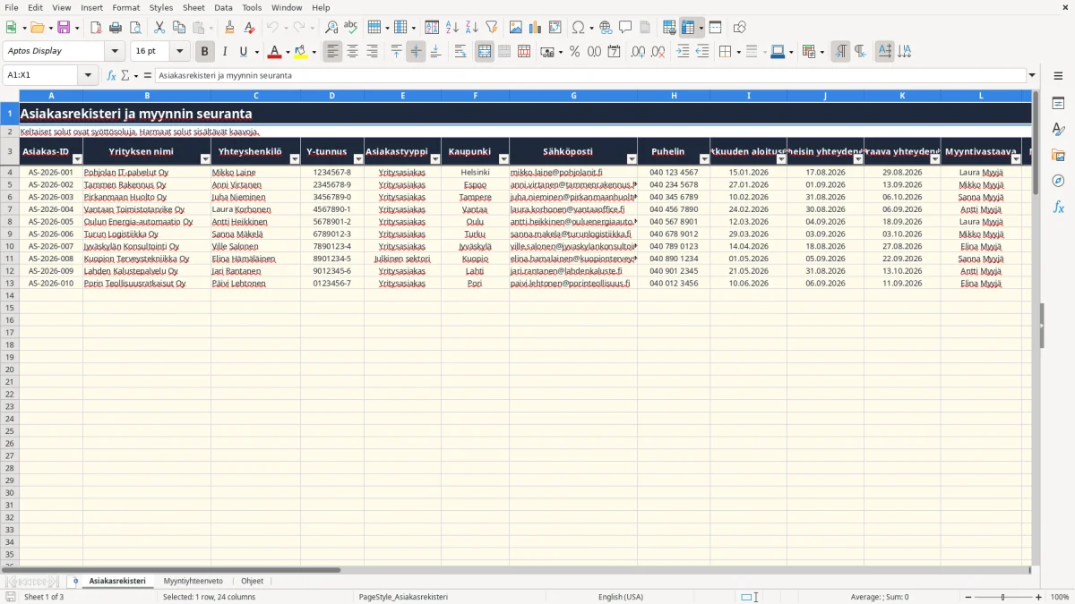 Kuvakaappaus 1: välilehti Asiakasrekisteri - Excel-pohja asiakasrekisteri myynti excel pohja