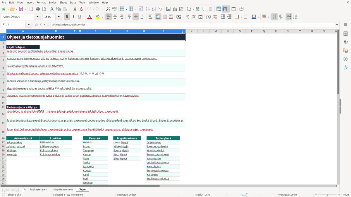 Kuvakaappaus 3: välilehti Ohjeet - Excel-pohja asiakasrekisteri myynti excel pohja
