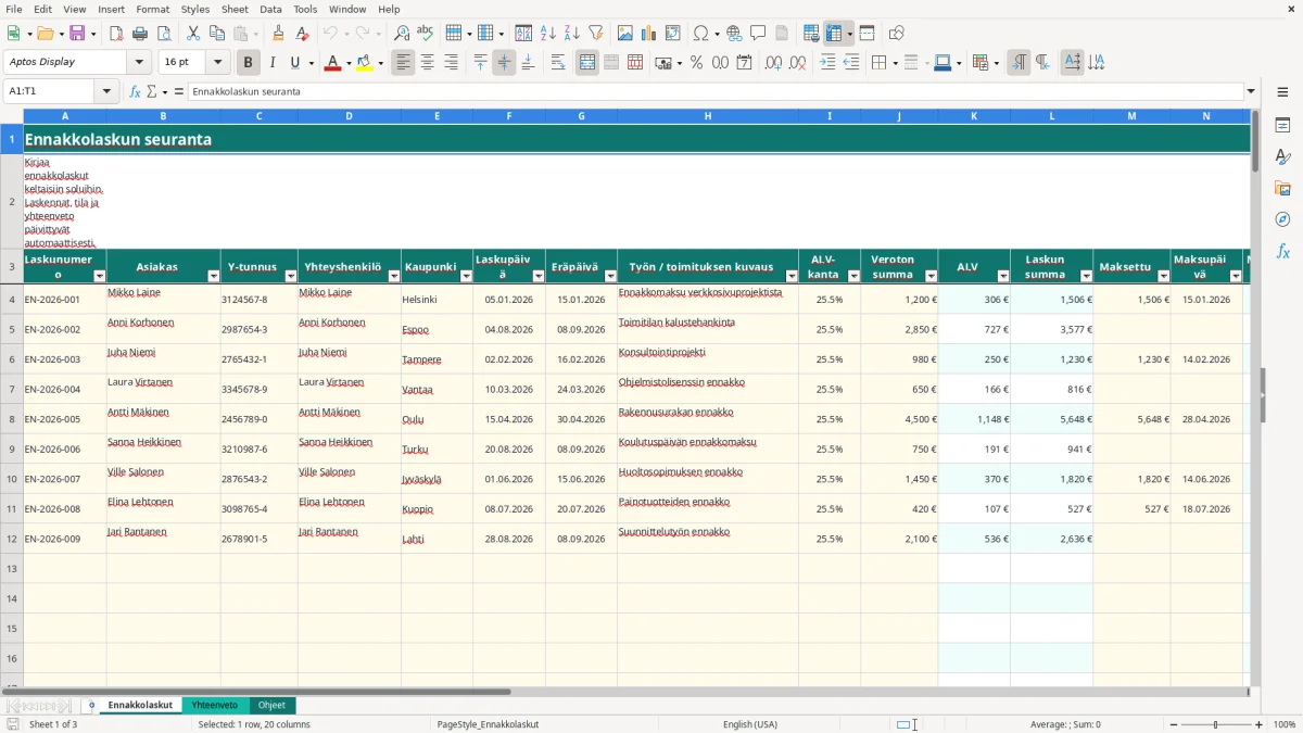 Kuvakaappaus 1: välilehti Ennakkolaskut - Excel-pohja ennakkolaskun seuranta excel pohja