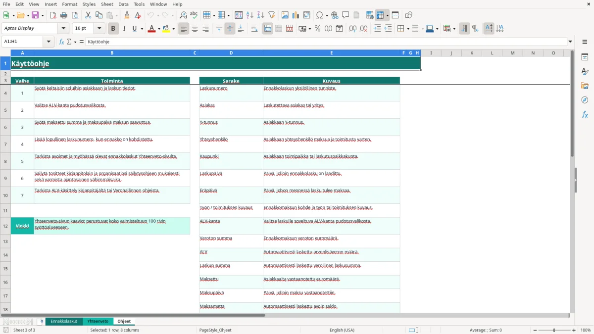 Kuvakaappaus 3: välilehti Ohjeet - Excel-pohja ennakkolaskun seuranta excel pohja